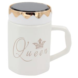 Κούπα κεραμική 320 ml Φ8Χ11,5 εκ. λευκό χρυσό Queen με καπάκι καθρέπτη - KESKOR 79192-1