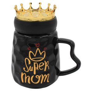 Κούπα κεραμική 440 ml Φ9Χ15 εκ. Super Mom μαύρο χρυσό με πλαστικό καπάκι - KESKOR 79194-3