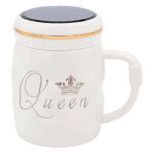 Κούπα κεραμική 360 ml Φ8,5Χ11,5 εκ. Queen λευκό χρυσό με καπάκι καθρέπτη - KESKOR 79204-1