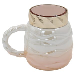 Κούπα κεραμική διακοσμ. 450 ml 14Χ10Χ12 εκ. Σομόν πέρλα με καπάκι καθρέπτη - KESKOR 79208-1