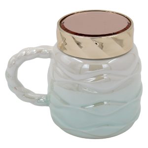 Κούπα κεραμική διακοσμ. 450 ml 14Χ10Χ12 εκ. Τιρκουάζ πέρλα με καπάκι καθρέπτη - KESKOR 79208-3