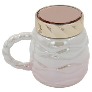 Κούπα κεραμική διακοσμ. 450 ml 14Χ10Χ12 εκ. Ροζ πέρλα με καπάκι καθρέπτη - KESKOR 79208-4